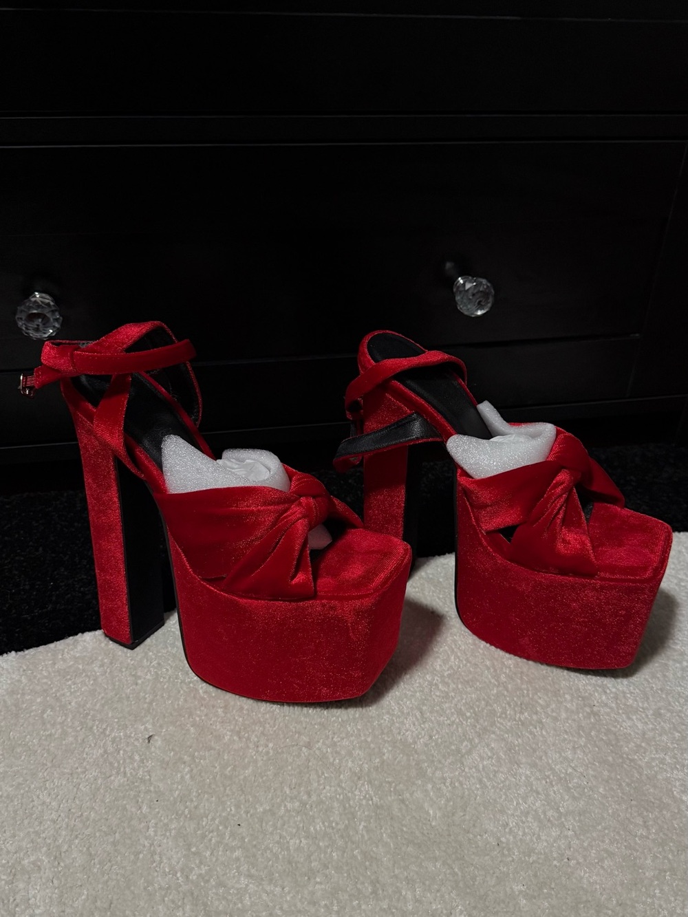 Current Mood Red Velvet Platform Heels with Knot-Front Straps